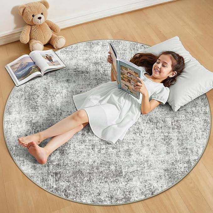 Washable Area Rugs 4ft Non-Slip Modern Abstract Soft for Living Room Entryway Bedroom Nursery, Print Pattern, Gray White Grey