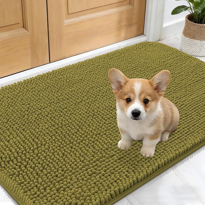 OLANLY Dog Door Mat for Muddy Paws 24x16, Absorbs Moisture and Dirt, Absorbent Non-Slip Washable Doormat, Quick Dry Chenille Mud Mat, Entry Indoor Entryway Carpet for Inside Floor, Willow Green