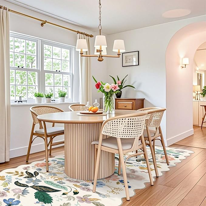 Washable 4x12 Wide Area Rug: Hallway Soft Floral Scalloped Carpet Water Resistant Non-Slip Runner Rug for Entryway Kitchen Dining Room Low Pile Floor Mat for Living Room Bedroom Nursery(4x12,Cream)