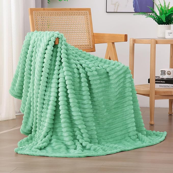Mint Green Fleece Throw Blanket 60”×80” for Couch Sofa Bed,Super Soft Cozy Plush Microfiber Flannel Blanket with Stripes Design Lightweight for Adults,Woman,Girls