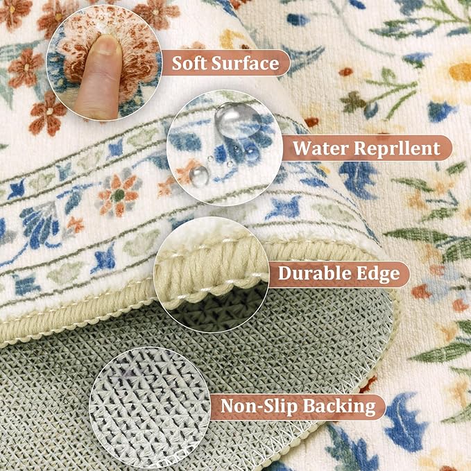 Yamaziot Washable Runner Rug 2x8 – Boho Non Slip Floral Hallway Runner Rug with Rubber Backing, Low Pile Distressed Carpet for Kitchen, Laundry, Bedroom, Entrance, Colorful Beige