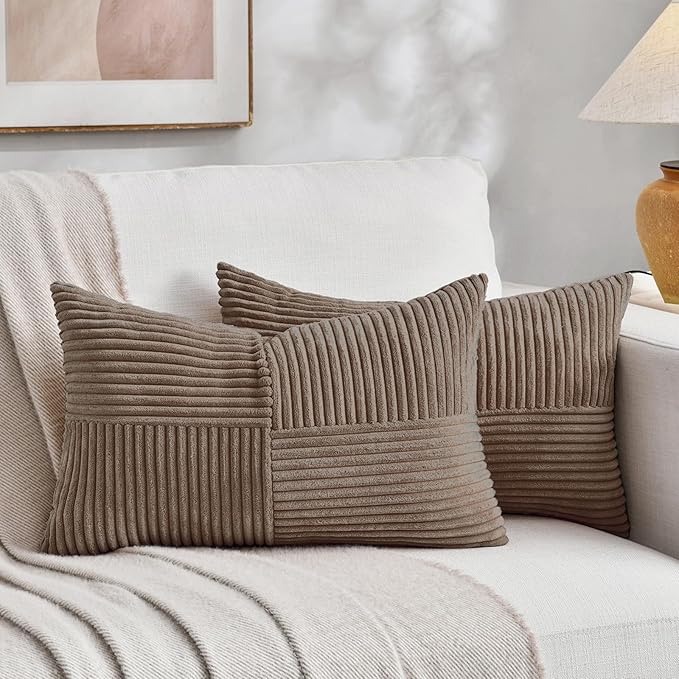 Fancy Homi Set of 2, Light Brown Patchwork Corduroy Decorative Soft Striped Modern Accent Cushion Case Farmhouse Boho Neutral Throw Pillow Covers for Chair Couch Bed Sofa Living Room 20x12 Inch