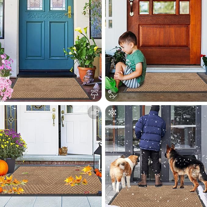 Smiry Front Door Mat Outside Entrance, Heavy Duty Sturdy Natural Rubber Doormat, Trap Dirt and Moisture, Easy Clean Low Profile Mats for Indoor Outdoor Entry, Irregular Triangle (59x40, Coffee)