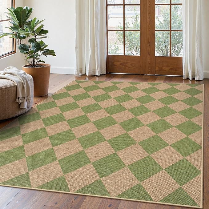 Lahome Colette Checkered Washable Rugs 5x7, Green Area Rug Neutral Large Outdoor Patio Living Room Rug, Farmhouse Non Slip Non Shedding Floor Carpet for Courtyard Camping