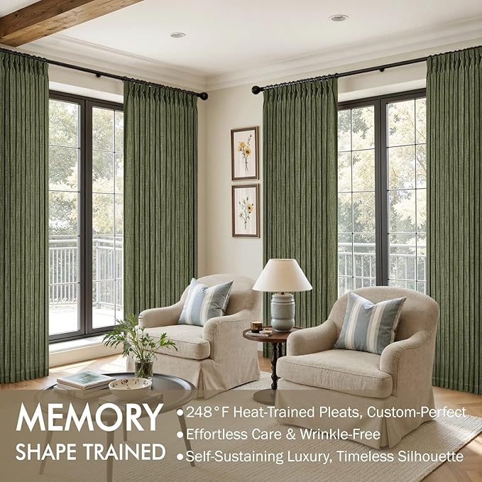 MIULEE Olive Green Pinch Pleated Linen Curtains 90 Inches Long 2 Panels for Living Room Bedroom, Linen Texture Memory Trained Drapes Pleat Back Tab Semi Sheer Moss Green Window Curtains with Hooks