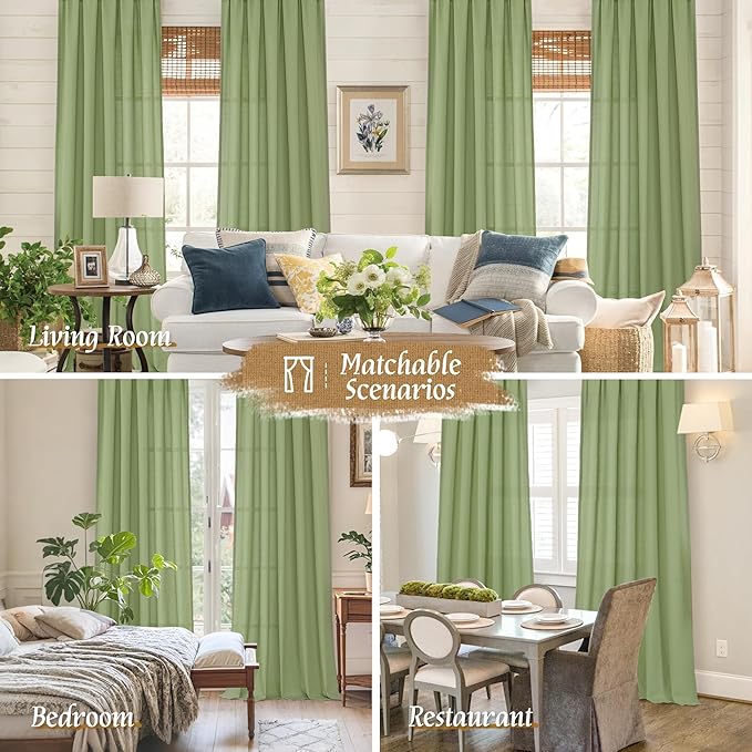 LAMIT Sage Green Linen Curtains 72 inches Long for Living Room, Soft Thick Semi Sheer Light Filtering Rod Pocket Privacy Window Treatments Drapes for Bedroom, 2 Panels Set, 52 x 72 Inch