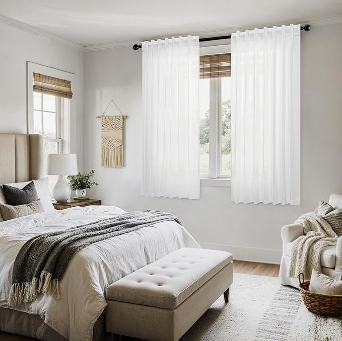 MIULEE White Linen Curtains Short 48 Inch Long 2 Panels for Kitchen Bedroom, Soft Thick Linen Textured Window Drapes Semi Sheer Light Filtering Back Tab Rod Pocket Burlap Look Decor