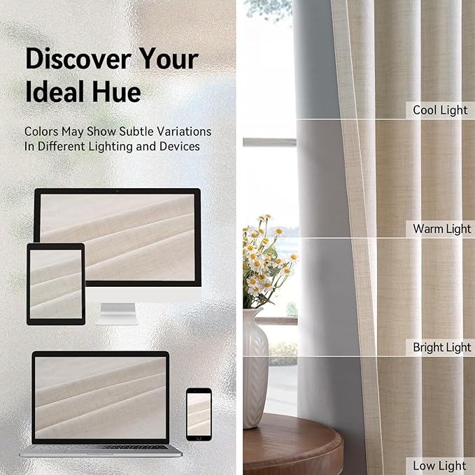 100% Blackout Shield Linen Blackout Curtains for Bedroom, Butter Cream Grommet Curtains for Living Room, Thermal Insulated Room Darkening Drapes for Nursery, Boho Home Decor, 50" W x 108" L, 2 Panels
