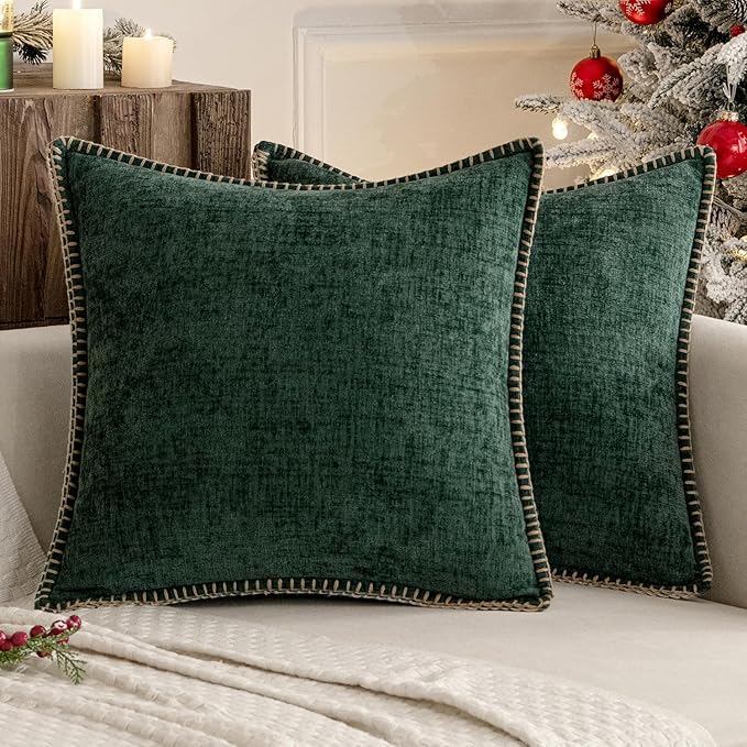 MIULEE Pack of 2 Christmas Pillow Covers 16x16 Inch Dark Green Farmhouse Decorative Throw Pillow Covers with Stitched Edge Soft Chenille Solid Dyed Couch Pillow Covers for Sofa Bed Living Room