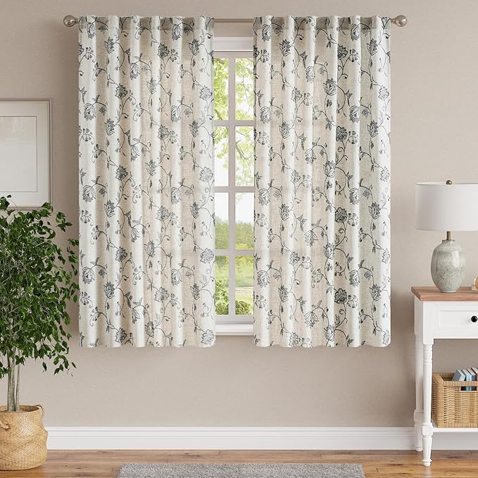 Jinchan Linen Floral Curtains 63 Inch Length for Living Room & Bedroom - Light Filtering Rod Pocket Back Tab Jacobean Curtains Flax Linen Texture Window Drapes Set 2 Panels Black on Linen