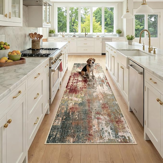 Washable Area Rugs 2'6''x8 Non-Slip Modern Abstract Soft for Living Room Entryway Bedroom Nursery, Print Pattern, Brown Rust Red Green Blue Multi