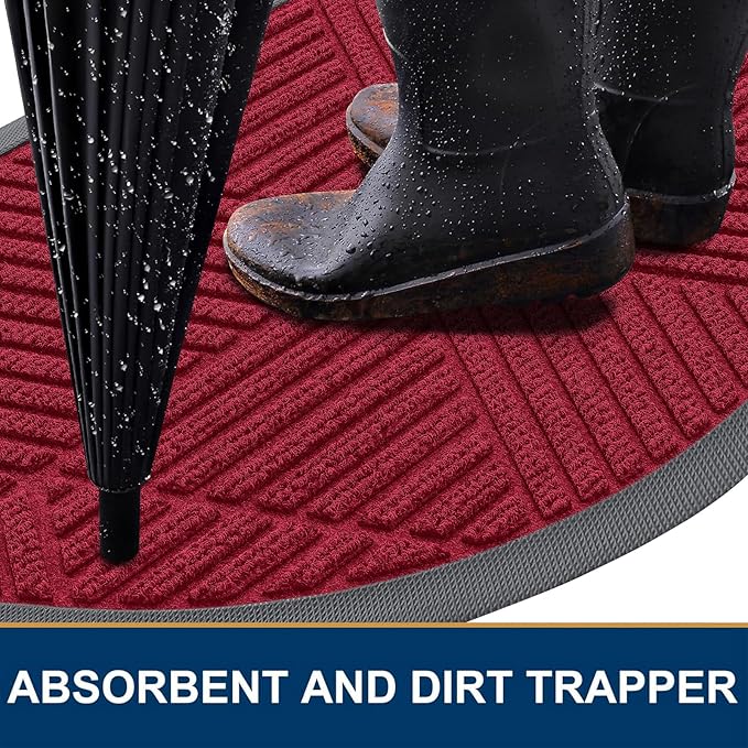 Smiry Half Circle Front Door Mat Outside Entrance, Heavy Duty Sturdy Natural Rubber Doormat, Trap Dirt and Moisture, Low Profile Mats for Indoor Outdoor Entry, Irregular Triangle (35x23, Wine Red)