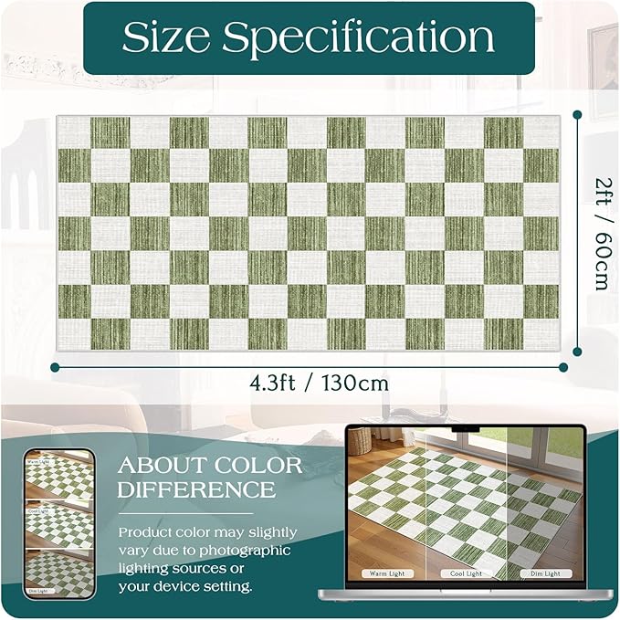 Front Door Mat Indoor Entrance - 2x4.3 Ft Green White Non-Slip Washable Doormat Outdoor Entrance Porch Rug Checkered Runner Rug for Kitchen Hallway Bedroom Laundry Room Porch Decor