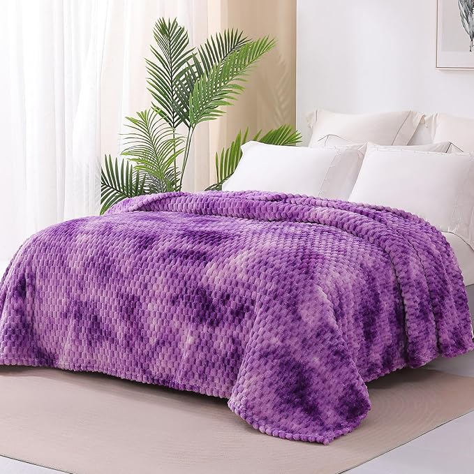 Exclusivo Mezcla Fleece Twin Blanket for Bed, Extra Large Fuzzy Tie-dye Purple Bed Blankets, Soft Cozy Plush Sofa Throws for All Seasons, 90x66 Inches