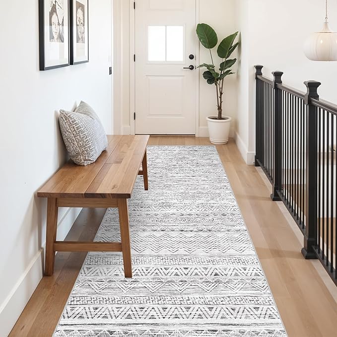 3x10 Washable Hallway Runner Rug - Moroccan Non-Slip Long Runners for Entryway Soft Modern Geometric Low-Pile Rugs for Kitchen Waterproof Neutral Carpet for Bedrooom Bathroom Laundry 3x10 Grey