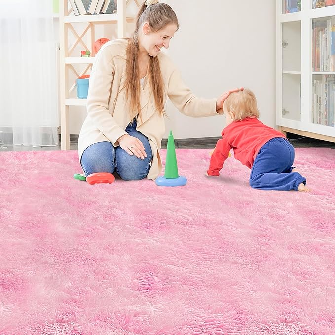 Tie-Dye Pink Upgraded Anti-Slip Fluffy Shag Rug for Living Room 8x10ft Fluffy Area Rug Mat Bedside Throw Rug for Bedroom Kids Room Boys Teens Nursery Baby Dorm Office Decor Aesthetic Carpets