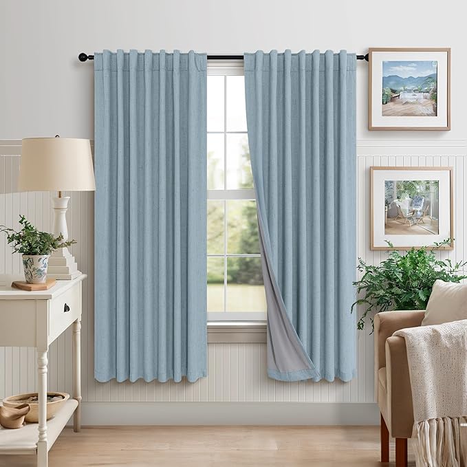 Light Blue Curtains for Bedroom 63 Inch Length 2 Panels Neutral Linen Textured Full Blackout Room Darkening Noise Reducing Curtain for Bay Window Kids Room Boys Nursery Dusty Slate Stone Blue 63 Long