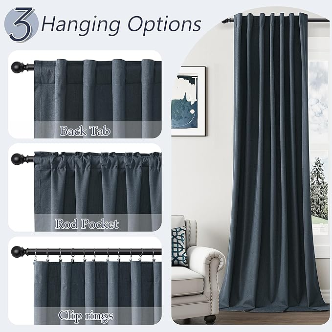 Guken 100% Blackout Linen Curtains 90 Inch Length 2 Panels Set for Living Room Bedroom Back Tab Thermal Insulated Black Out Linen Drapes Room Darkening Window Curtains,Vintage Blue