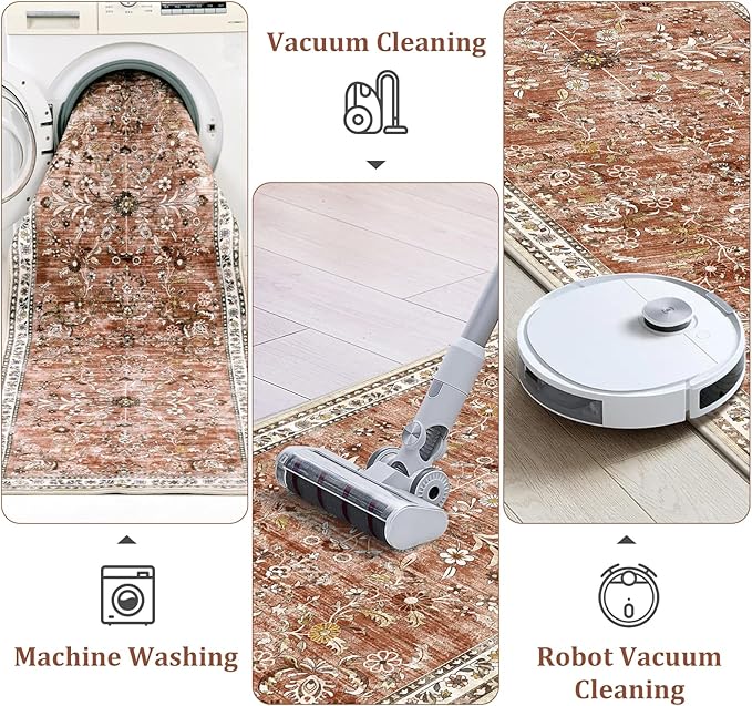 Yamaziot Washable Runner Rug 2x8 – Non Slip Boho Floral Hallway Runner Rug with Rubber Backing, Low Pile Wool Distressed Carpet for Kitchen, Laundry, Bedroom, Entrance, Brick-red