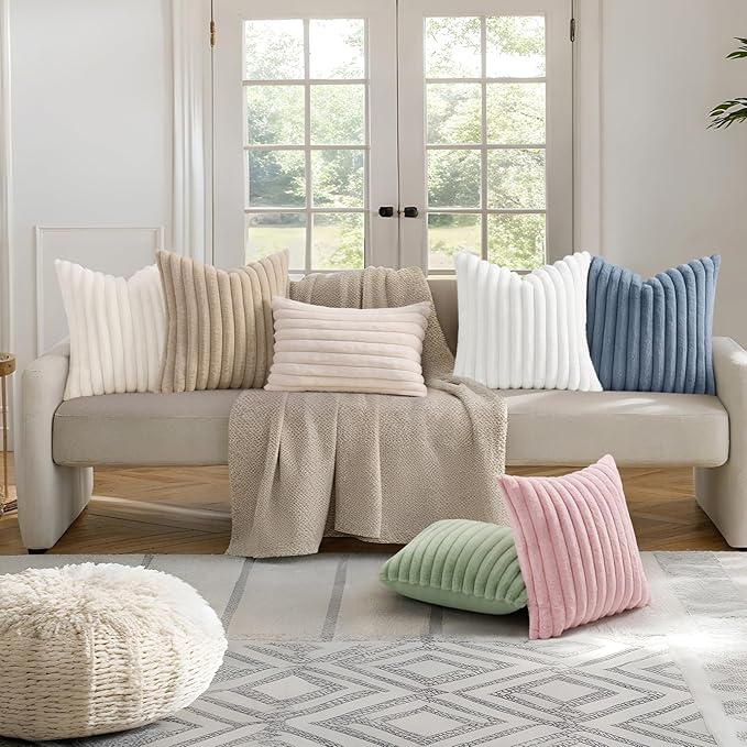 decorUhome Summer Cozy Faux Fur Throw Pillow Covers 16x16 Set of 2 Decorative Soft Plush Striped Modern Farmhouse Boho Couch Pillow Cases with Velvet Back for Sofa Bed Living Room, White