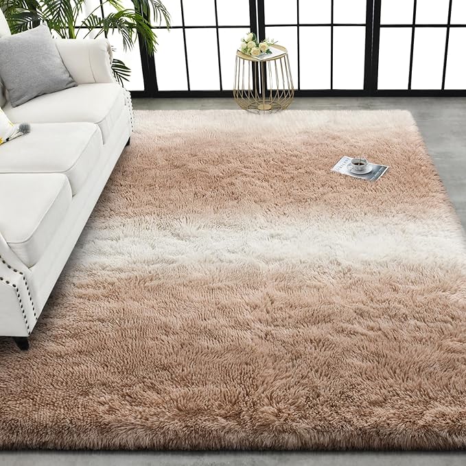 TWINNIS Super Soft Shaggy Rugs Fluffy Carpets, 6x9 Feet, Indoor Modern Plush Area Rugs for Living Room Bedroom Kids Room Nursery Home Decor, Upgrade Anti-Skid Rectangular Fuzzy Rug, Tan White