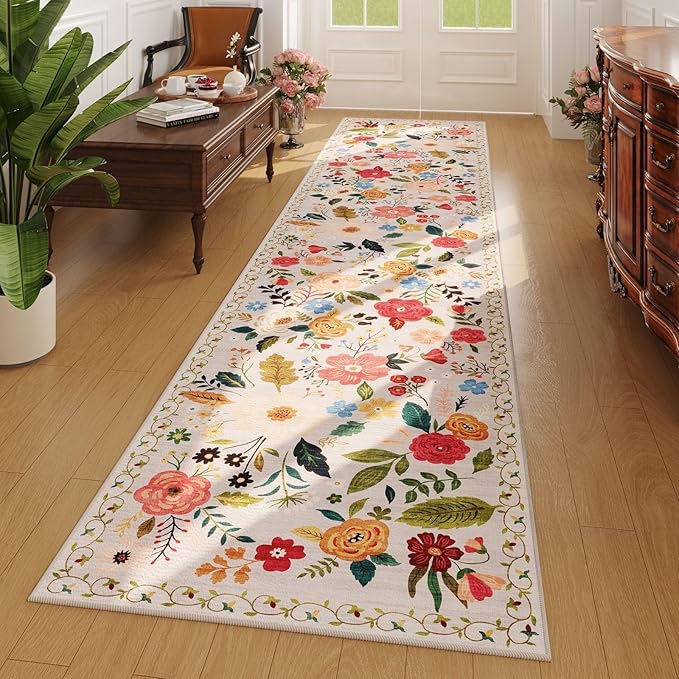 Rugcomf Washable Kitchen Runner 2'7"x12' - Floral Long Hallway Runner Rug Non Slip, Boho Carpet for Entryway, Hall, Bathroom - Beige