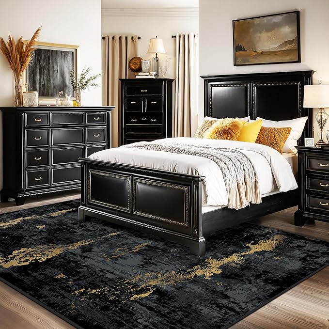 Washable Area Rugs 7'x9' Non-Slip Modern Abstract Soft for Living Room Entryway Bedroom Nursery, Print Pattern, Dark Black Gold