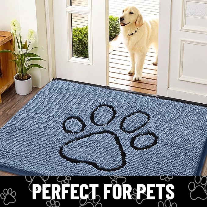 Smiry Dog Door Mat for Muddy Paws, Absorbent Dirt Trapper Non Slip Quick Dry Washable Chenille Mat for Mud Dogs, Entry Rug for Indoor and Outdoor (48x30 Inches, Airy Blue and Black)