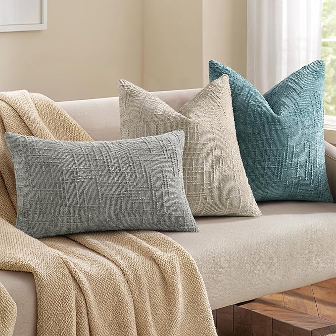 decorUhome Summer Teal Chenille Throw Pillow Covers 18x18 Set of 2 Textured Soft Cozy Slubby Couch Pillow Covers Modern Farmhouse Boho Decorative Pillow Cases for Bed Sofa Living Room