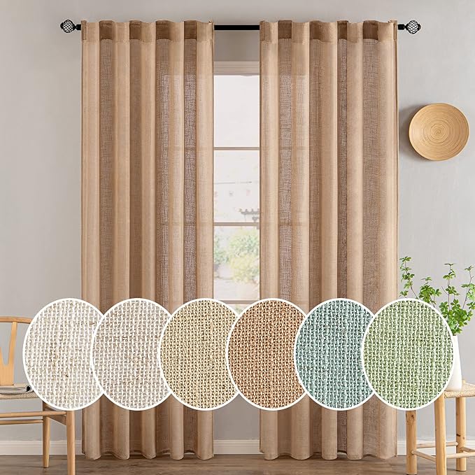 MIULEE Light Brown Linen Curtains 84 Inch Length 2 Panels for Bedroom Living Room, Soft Thick Linen Textured Natural Window Drapes Semi Sheer Light Filtering Back Tab Rod Pocket Burlap Look Decor