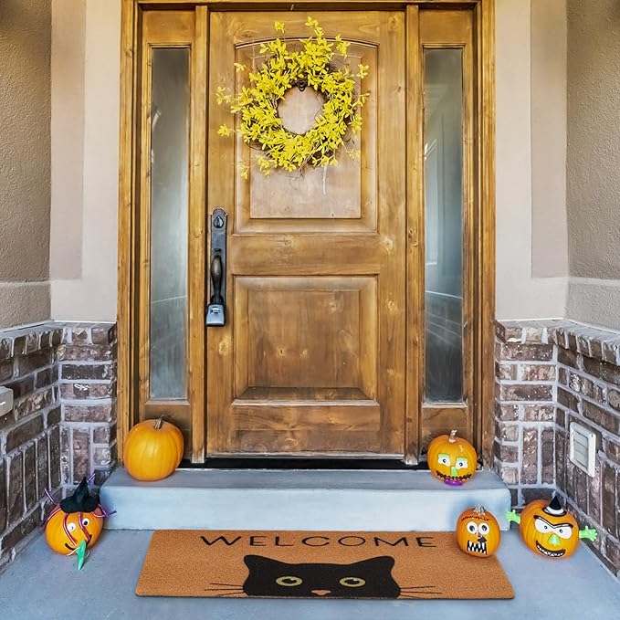 UINI Door Mat Cat Welcome Mat, Black Cat with Green Eyes Doormat, Non-Slip Cat Welcome Mats for Front Door, Outside Entrance, Resist Dirt, 17" x 30"