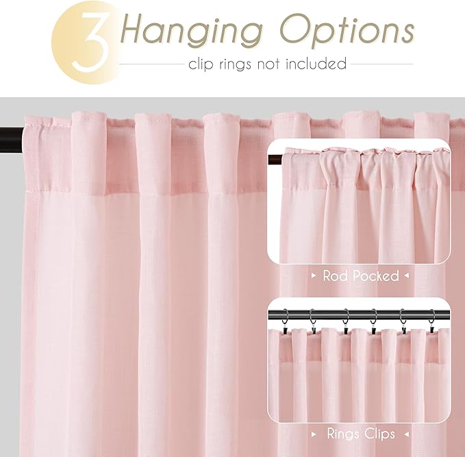 Light Pink Linen Back Tab Curtains 102 Inches Long for Living Room 2 Panels Set Neutral Modern Farmhouse Rod Pocket Light Filtering Semi Sheer Window Curtains for Kids Bedroom Pink Decor
