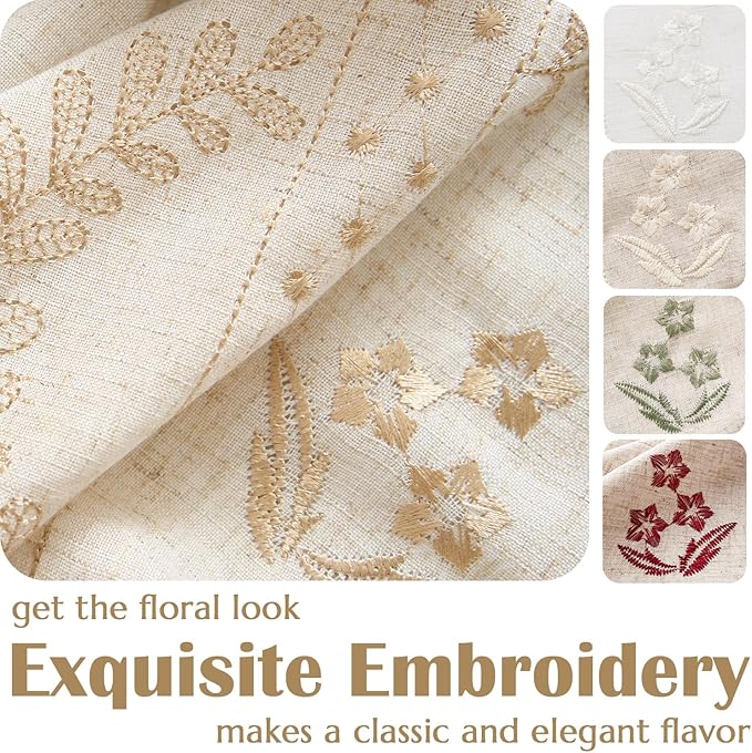 jinchan Belrose Linen Curtains for Bedroom Floral Curtains 63 Inch Length Linen Blend Beige Embroidered Drapes Farmhouse Flower Patterned Drapes for Living Room Window Treatments Set 2 Panels
