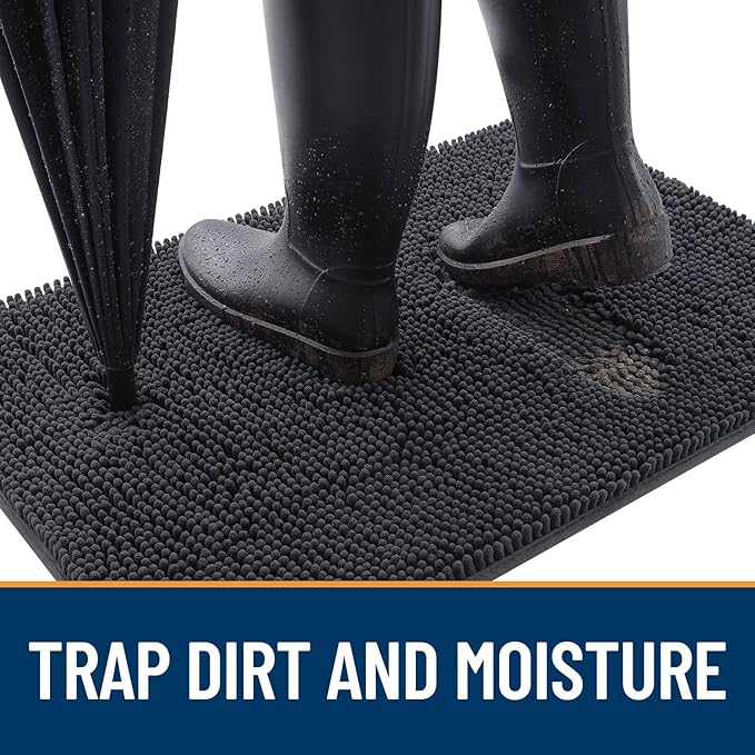 OLANLY Dog Door Mat for Muddy Paws 47x17, Absorbs Moisture and Dirt, Absorbent Non-Slip Washable Doormat, Quick Dry Chenille Mud Mat for Dogs, Entry Indoor Entryway Carpet for Inside Floor, Dark Grey