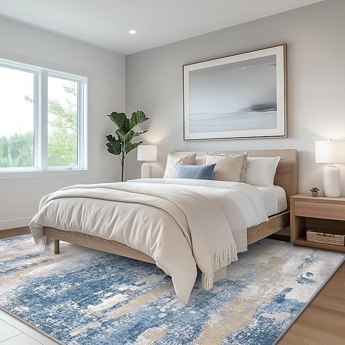 Area Rugs 6x9 for Living Room Bedroom, Modern Abstract Machine Washable Soft Blue Rug, Floor Carpet with Non Slip Backing for Dining Room
