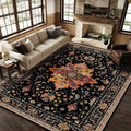 RELEANY Area Rugs 9'x12' Washable Non-Slip, Floral Vintage Distress Print Pattern Medallion Carpet for Living Room Bedroom Dining Room, Black Colorful Floral Dark Tan