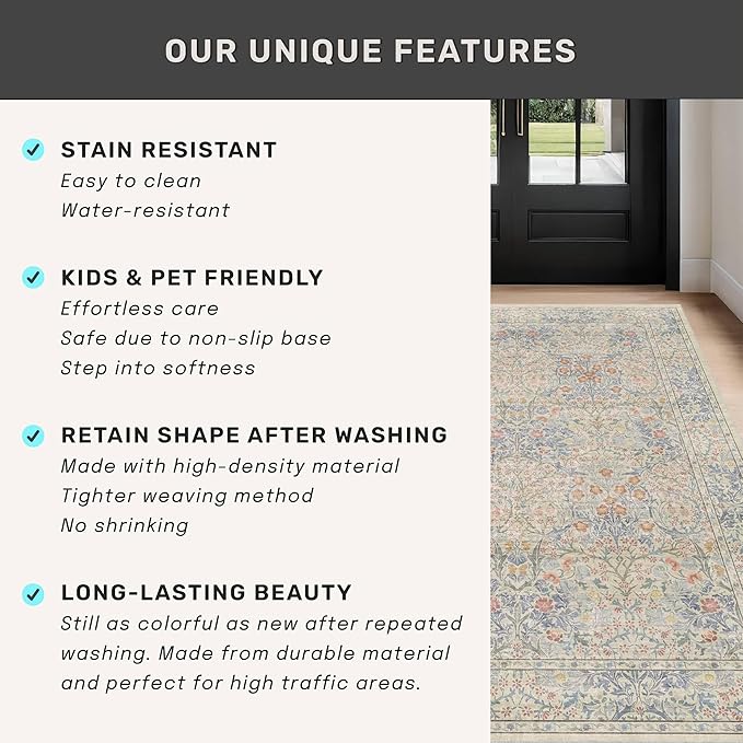 Hazo Haus Washable Dining Room Rugs, 7x9 Area Rug for Living Room, Bedroom, Kids Playroom, Low Pile Non-Slip Lightweight & Stain Resistance - Light Beige Blue Oriental Vintage Design