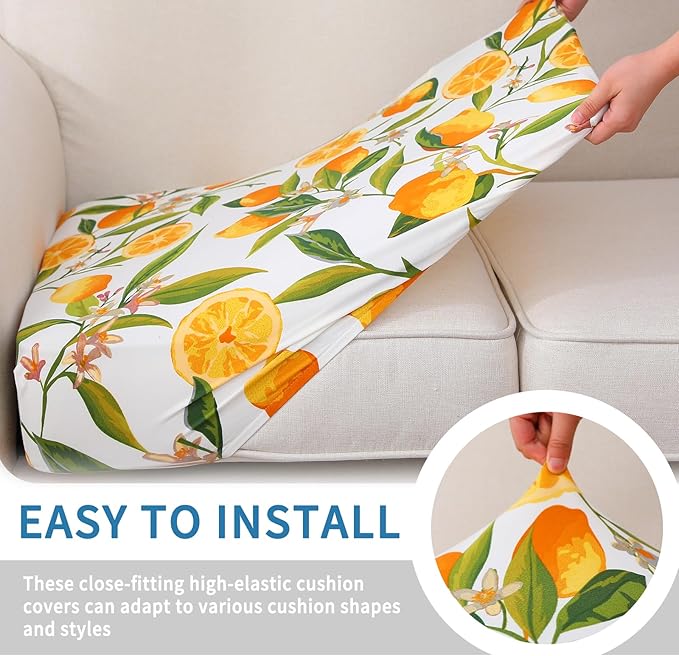 hyha Printed Couch Cushion Covers, Floral Sofa Covers Washable for 3 Cushion Couch, Stretch Pattern Outdoor Cushion Covers for Patio Furniture with Elastic Bottom(3 Packs, Lemon)