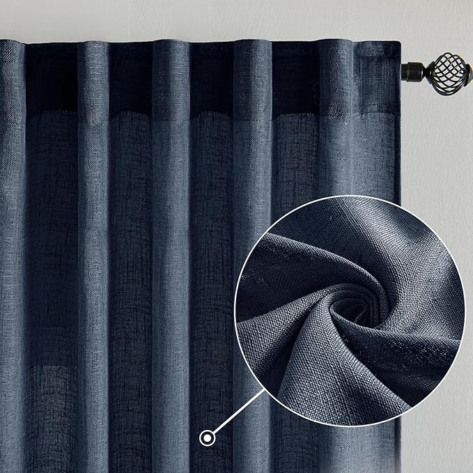 MIULEE Navy Blue Linen Curtains 90 Inch Length 2 Panels for Bedroom Living Room, Soft Thick Linen Textured Natural Window Drapes Semi Sheer Light Filtering Back Tab Rod Pocket Burlap Look Decor