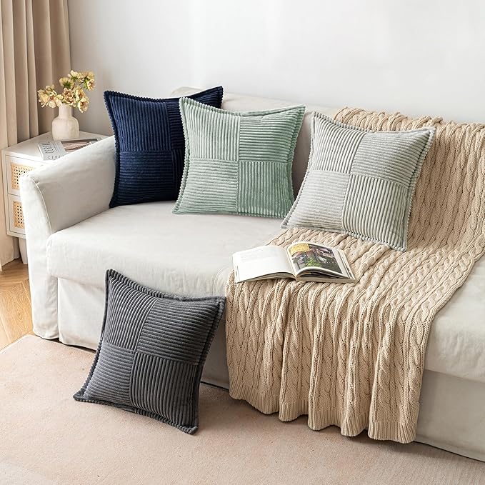 MIULEE Spring Decorative Throw Pillow Covers for Couch Bed Livingroom 18x18 Inch Set of 2 Greyish Green Boho Accent Throw Pllows Broadside Striped Patchwork Soft Corduroy Summer Pillowcases
