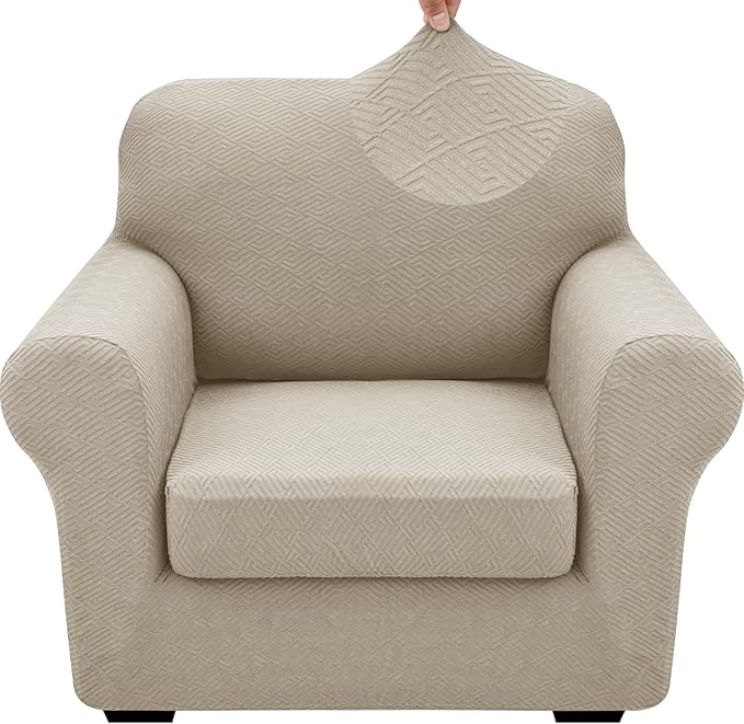 XINEAGE 2026 New 2 Pieces Chair Covers with Arms Super Stretch Chair Slipcover for Living Room Pet Dog Universal Slip Cover Anti Slip Armchair Furniture Protector (Khaki), 31"-46"(1 Cushion)