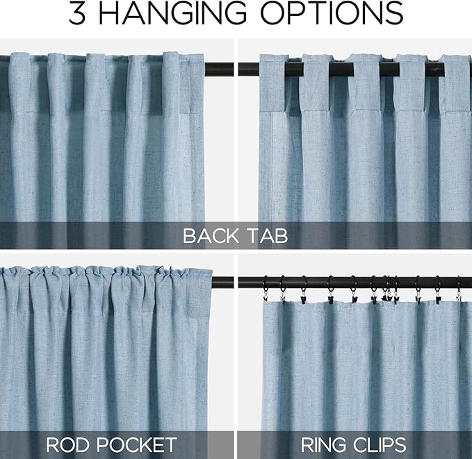 Nanspring Blue Linen Blend Semi Sheer Light Filtering Curtains 86 Inches Long 2 Panel Set Pocket Back Tab Privacy Home Decor Curtain Drapes for Bedroom Living Room 52x86