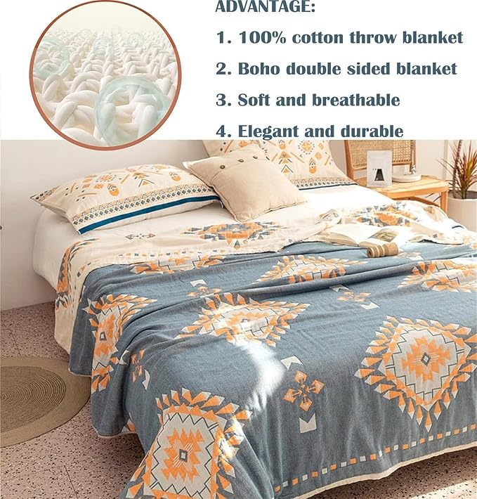MSGKV Spring Blankets Cotton Throw Blanket 60''x 80'' Muslin Blanket for Couch Bed Chair, Soft Bed Cotton Quilted Boho Quilts Blankets Gifts for Women
