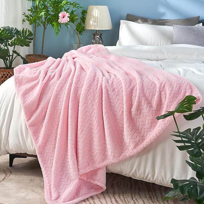 inhand Pink Fleece Queen Blanket for Bed, Super Soft Flannel Cozy Blankets for Adults, Lightweight Leaves Pattern Fuzzy Blanket for Office,Travel, Warm Plush Blankets for All Season, 90x90 Inches