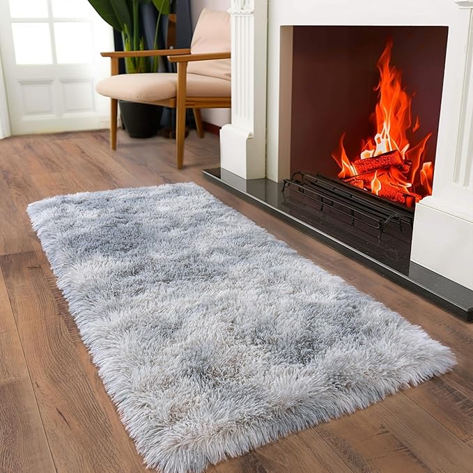 Ultra Soft Runner Rugs for Bedroom Hallways with Upgraded Non-Slip Rubber Backing & Thick Memory Sponge, 2 Packs 2x4 Feet Fluffy Shag Throw Area Rug for Bedside Dorm Tie-dye Light Grey