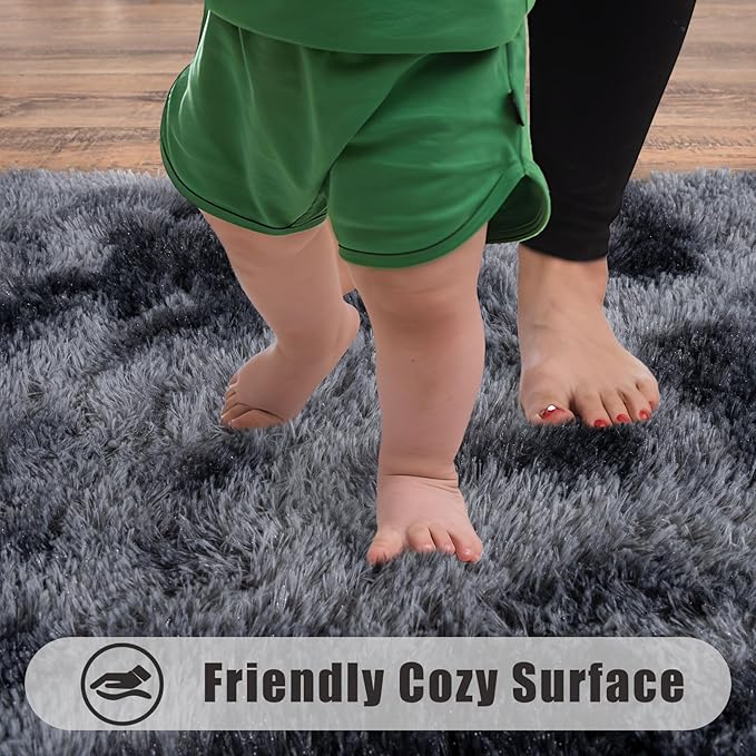 Ultra Soft Runner Rugs for Bedroom Hallways with Upgraded Non-Slip Rubber Backing & Thick Memory Sponge, 2x6 Feet Fluffy Shag Throw Area Rug for Bedside Dorm Tie-dye Dark Grey