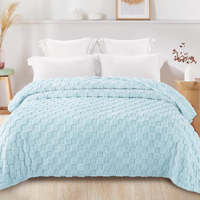 Exclusivo Mezcla Twin Size Flannel Fleece Blanket, Super Soft and Warm Lightweight Checkered Pattern Blankets for All Seasons, 60x80 Inches, Light Blue