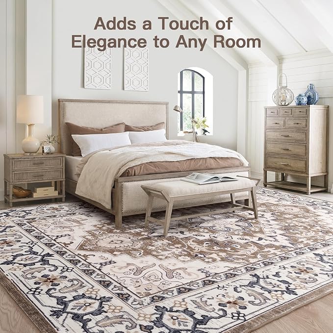 Lofus 5x8 Area Rugs for Living Room, Washable Area Rug, Rugs for Bedroom, Kitchen, Vintage Boho Carpet, Soft Non-Slip, Low Pile Large Area Rug for Office Dining Room, Floral Brown