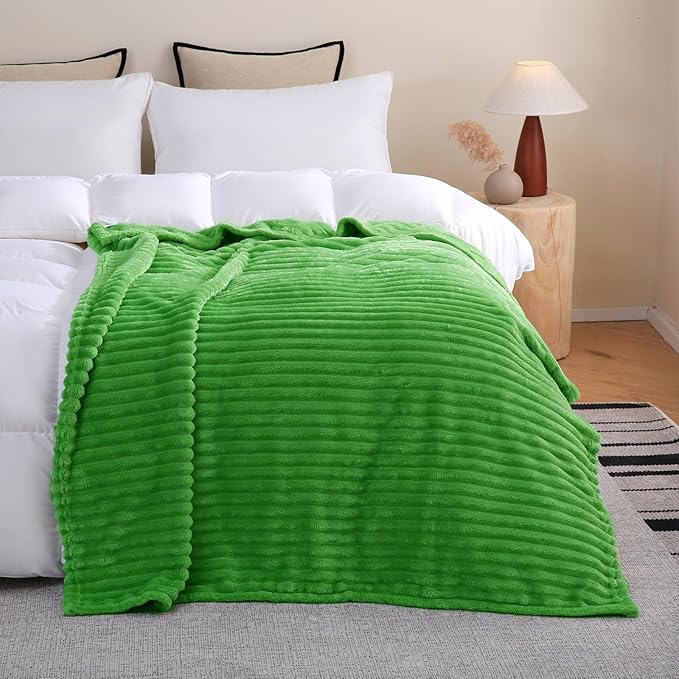 Bright Green Fleece Throw Blanket 60”×80” for Couch Sofa Bed,Super Soft Cozy Plush Microfiber Flannel Blanket with Stripes Design Lightweight for Adults,Woman,Girls