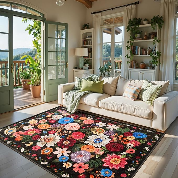 Floral Washable 6x9 Area Rugs, Soft Black/Brown Bedroom Rug for Living Room Ultra-Thin Non Slip Dining Room Rug, Stain Resistant Rugs Easy Clean Throw Carpet for Office(6 x 9, Black/Brown)
